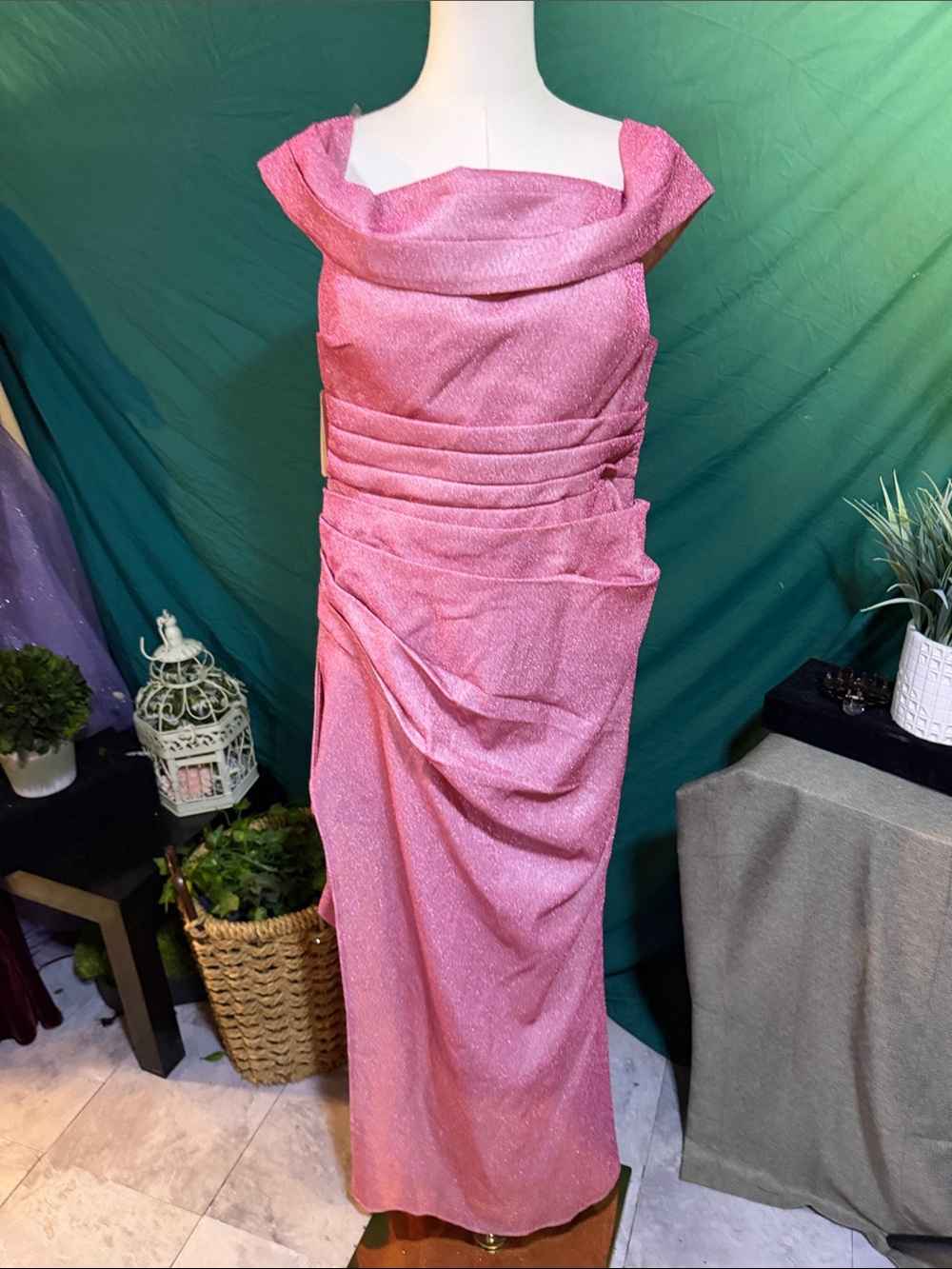 Shimmer Pink Off-Shoulder Maxi Dress